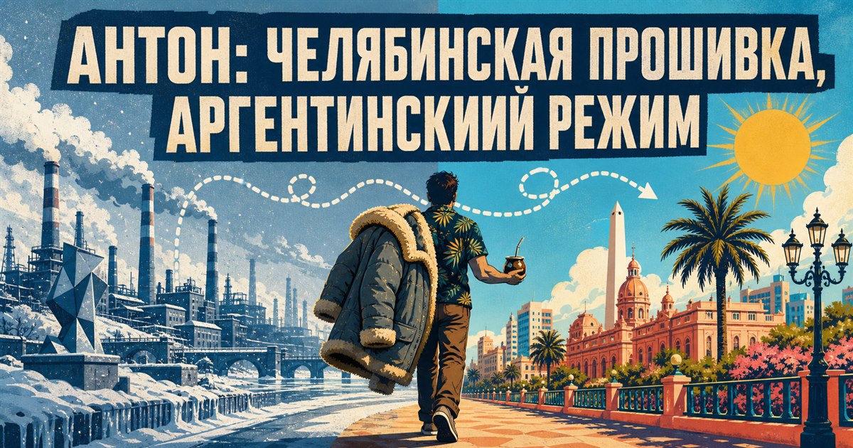 Вымышленный Антон с зимней курткой идёт из снежного индустриального города в солнечную Аргентину